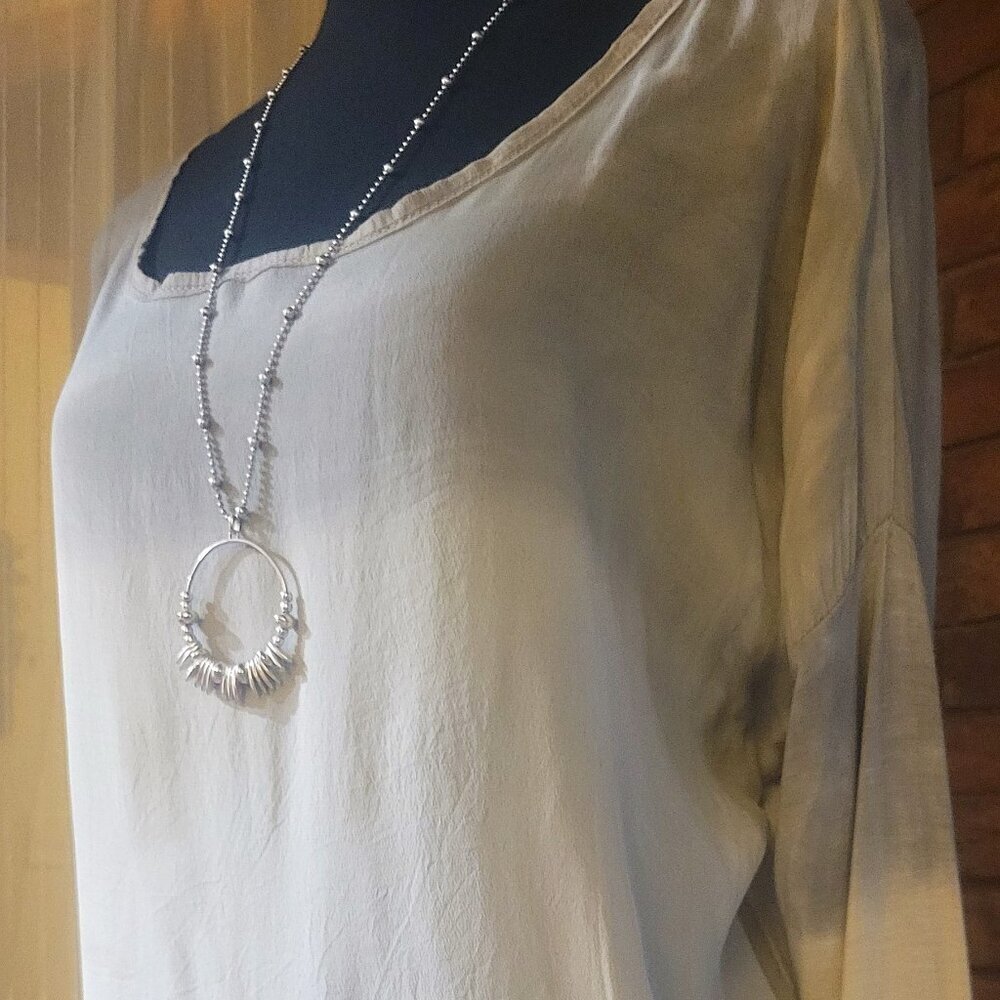 Three-tone long sleeved, open neck blouse - Grays and Cream (Size M)